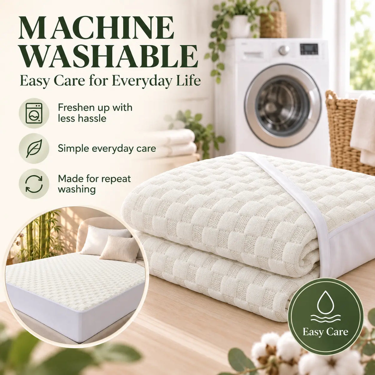 Waterproof Mattress Protector Pad, Organic Cotton & Bamboo Blend, Soft Breathable Noiseless Waffle Surface, Deep Pocket Fits Mattresses 8–18 in