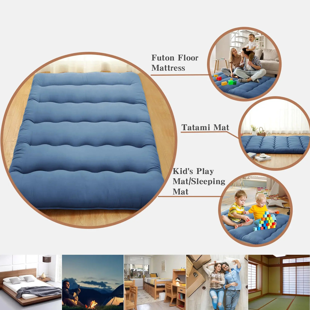 GARVEE Japanese Futon Mattress Twin Size, Tatami Floor Mat, Roll-Up Camping Mattress Pad in Wave Navy - Comfortable and Portable Sleeping Solution for Versatile Use