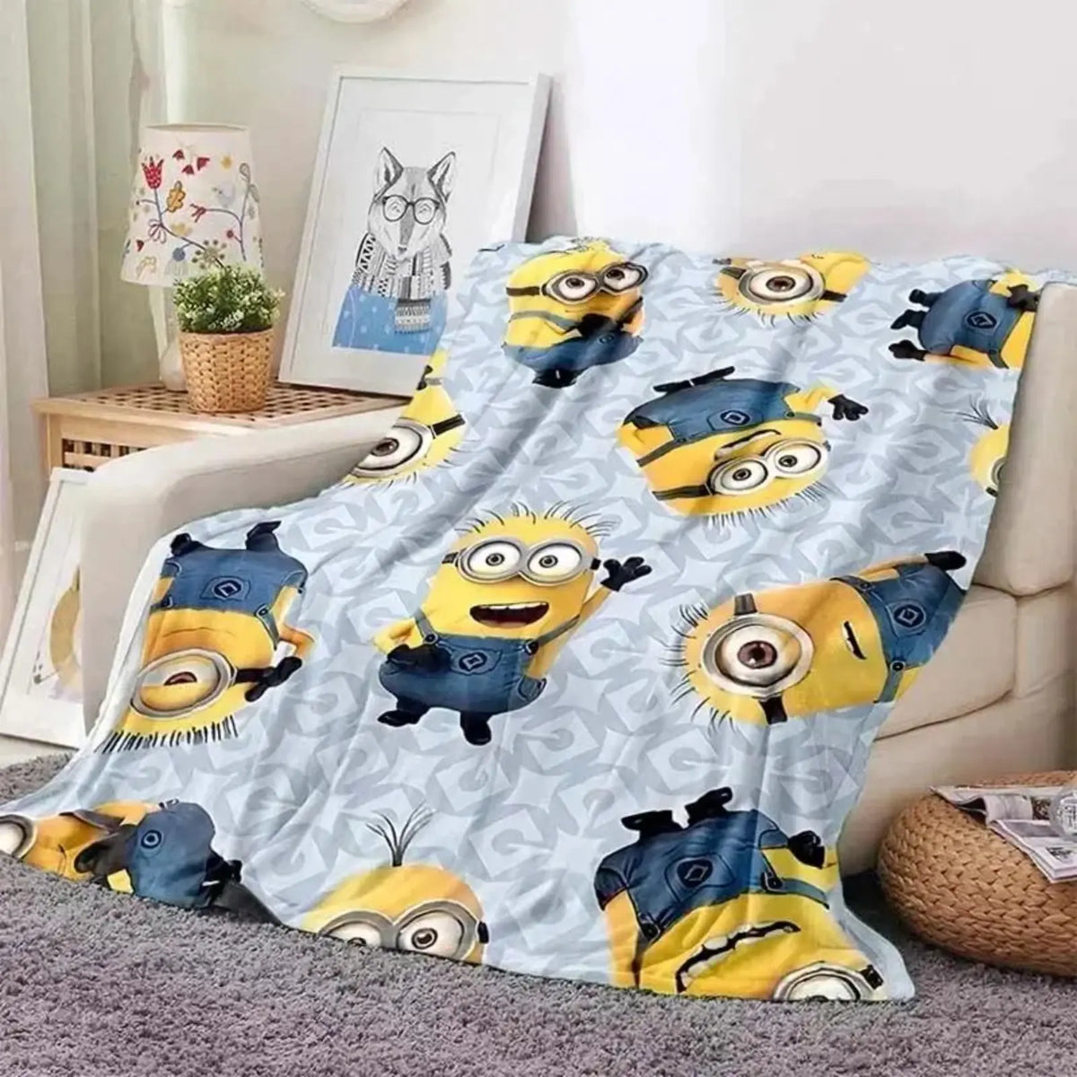 Cute Minions Printed Flannel Blanket 6 Sizes Soft Cozy Lightweight AC Throw Blanket Kids Adults Sofa Bed Bedroom Living Room Outdoor Travel Cartoon Bedding Movie Night Home Decor Gift Halloween Christmas Birthday Viral Blanket