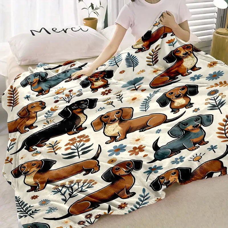 Super Soft Cute Dachshund Print 3D Flannel Throw Blanket - Polyester Fabric, Cozy Setup Essential, Blankets for Bed, Ideal Wedding Gift, All-Season, Washable, Lightweight, Breathable, Comfortable, Warm, Unique