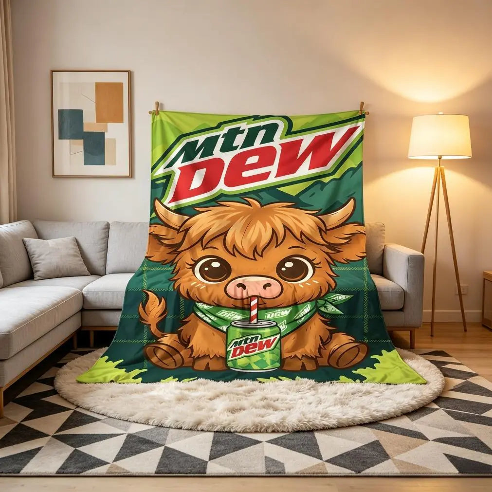 Mtn Dew Highland Cow Fleece Throw Blanket - Highland Cow Print, Cartoon Animal Print with Mountain Dew Drinking Graphic, Soft Cozy for Fans, Highland Cow Print Blankets, Cartoon Animal Print Blankets
