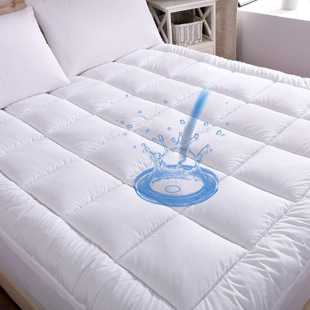 WhatsBedding Waterproof Mattress Topper Twin Size Cotton Top Down Alternative Filling Pillowtop Mattress Topper Cover-Fitted Quilted