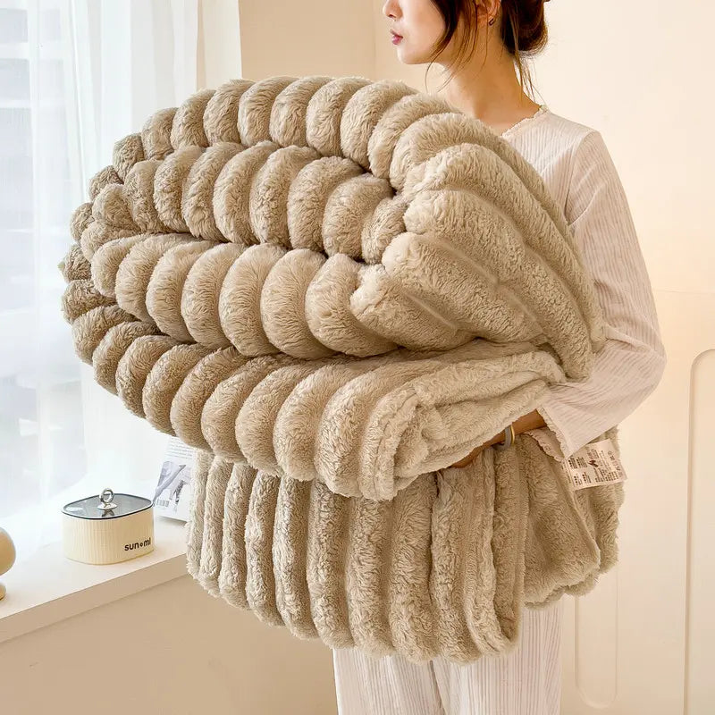 Luxurious Faux Rabbit Fur Striped Blanket - Ultra Soft 2m x 2.3m Flannel Throw for Soft Girl Bedroom - Warm Sensorial Immersion Blanket for All-Season Home Decor - High-Texture Cozy Nap Blanket for Couch & Travel #SoftGirl #CozyVibes #HomeFinds