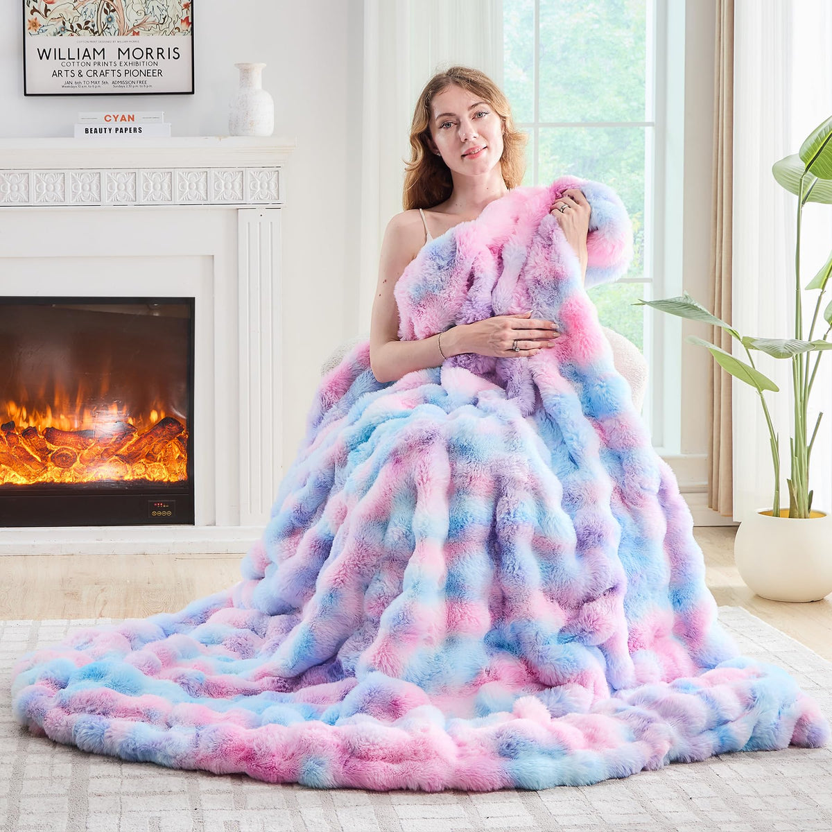 Lotus Karen Faux Fur Blanket - Cream White Twin Size, Big Bubble Rabbit Fluff, 60x80 Inches