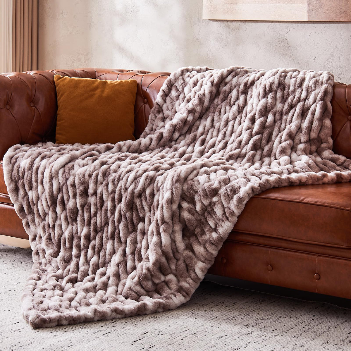 Double Sided Ruched Faux Rabbit Fur Throw Blanket,60x80,Driftwood