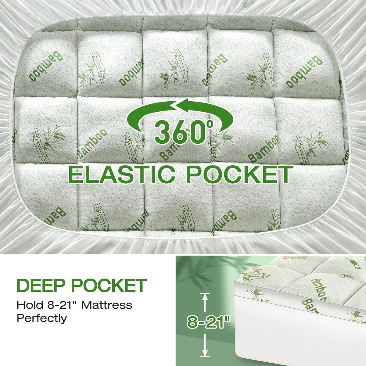 Mattress Topper King Size Viscose Derived from Bamboo, Thick Soft Pillow Top Mattress Pad Cover for Back Pain, Mattress Protector with 8-21 Inch Deep Pocket, White