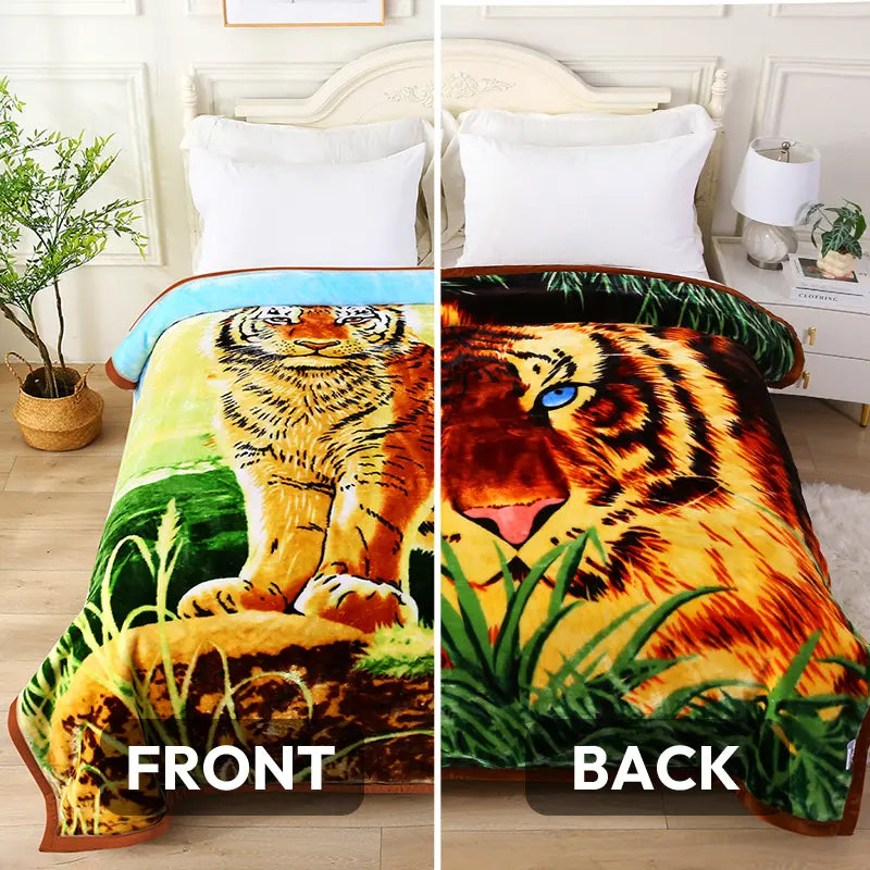 Queen Size Soft 2-Ply 520 GSM Reversible Plush Fleece Blanket, Floral Peony Motif Print, Modern Warm Bedding for Bed/Sofa, Hand Wash Only