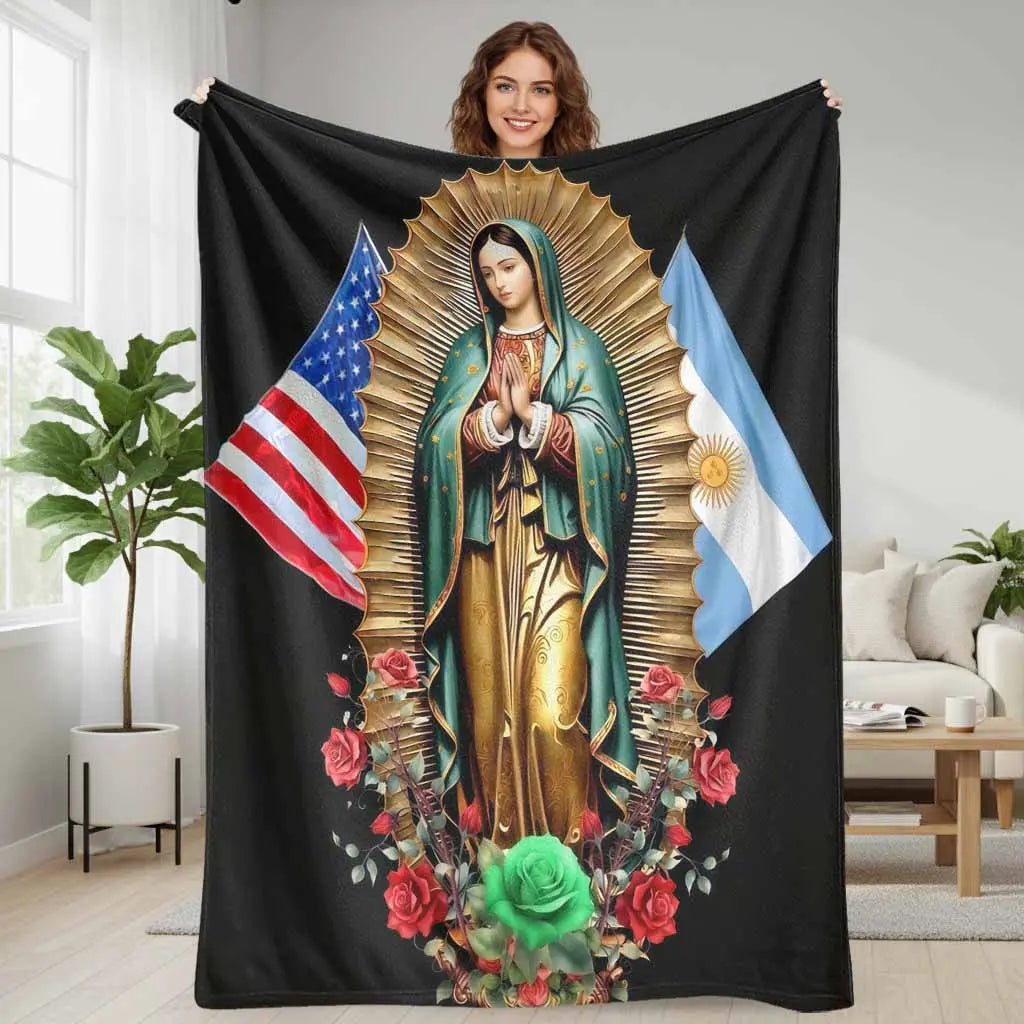 Virgin Mary Flannel Throw Blanket - American Patriotic USA-Mexico Flag Floral Print, Soft Warm Lightweight Wrinkle Resistant Flannel Fabric, Fits Sofas Beds and Cars, Ideal for Room Decor Cozy Setup & Gifting,sohochic