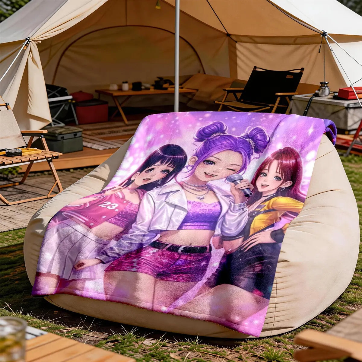 K-Pop Girl Group Illustration Flannel Blanket, Soft Blanket Throw, Large Size, Soft and Lightweight, Perfect for All Seasons, Ideal for Bed, Sofa, Office, Camping, Travel