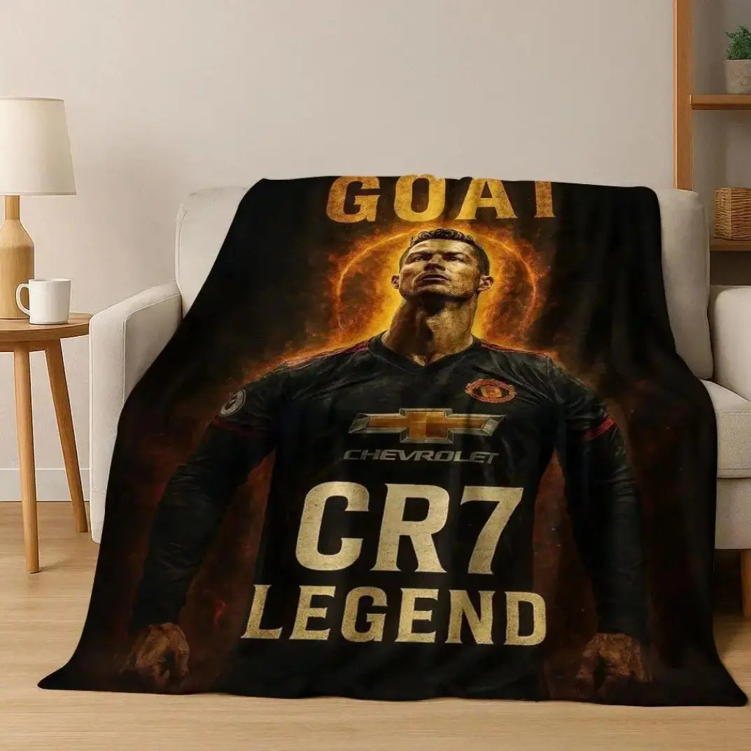 3D GOAT Ronaldo Cartoon Flannel Blanket - Polyester Fiber Throw, Cozy Warm Fluffy Soft Durable Fleece Blanket for Adults, Home & Travel Use on Sofa Bed Birthday Christmas Gift
