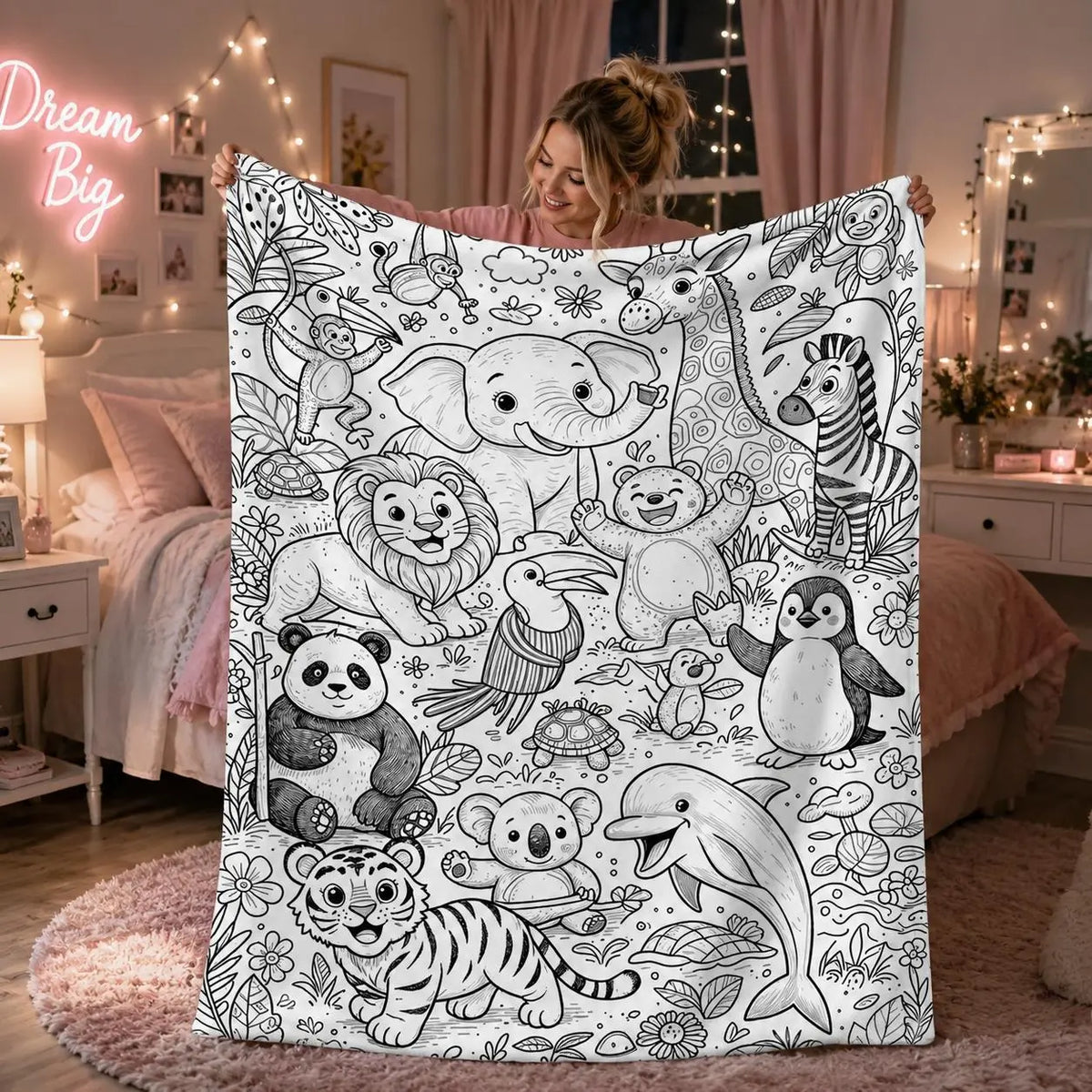 （No markers included）Flannel Throw Blanket with 2D Flat Jungle-Ocean Animal Line Art - Wrinkle Resistant, Anti-Pill, Fluffy, Machine-Washable All-Season Accent Blanket for Sofa, Nap, Child Gift, Throw Blankets, Flannel Fabric