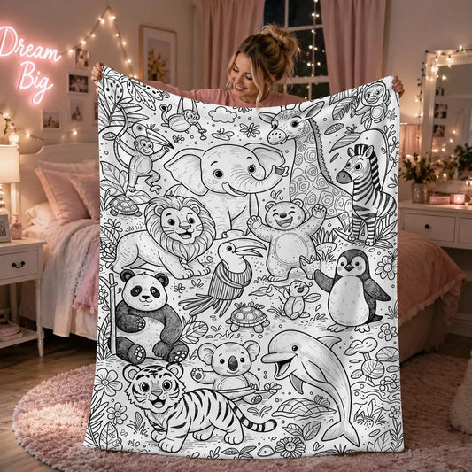 （No markers included）Flannel Throw Blanket with 2D Flat Jungle-Ocean Animal Line Art - Wrinkle Resistant, Anti-Pill, Fluffy, Machine-Washable All-Season Accent Blanket for Sofa, Nap, Child Gift, Throw Blankets, Flannel Fabric