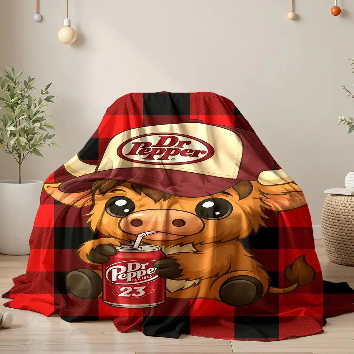 Highland Cow in Hat Cute Pattern Dr Pepper Flannel Throw Blanket - Red and Black Checkerboard Pattern Blanket, 1 Count Soft Lightweight Warming Bedding, Machine Washable for Easy Upkeep,sohochic