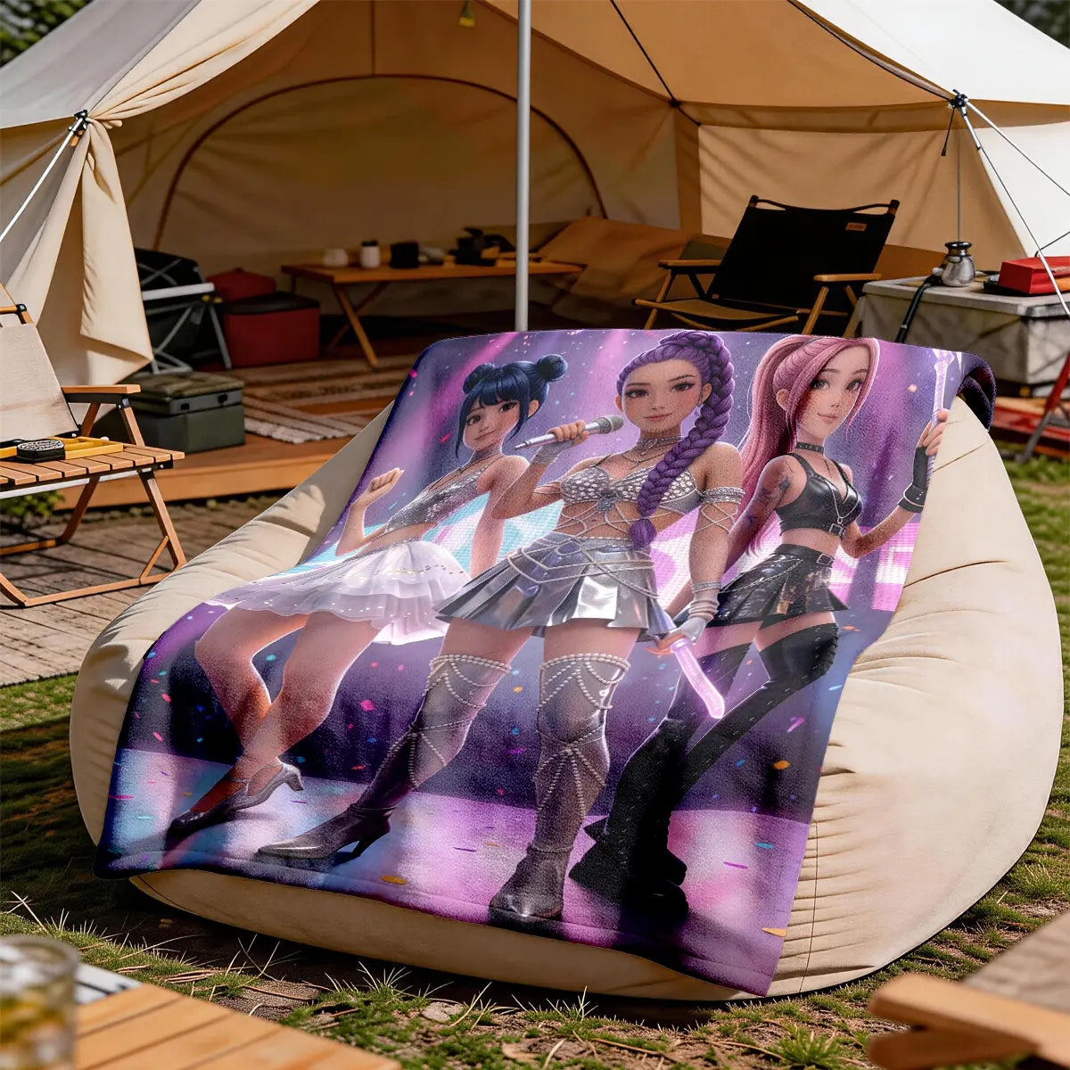 K-Pop Girl Group Illustration Flannel Blanket, Soft Blanket Throw, Large Size, Soft and Lightweight, Perfect for All Seasons, Ideal for Bed, Sofa, Office, Camping, Travel