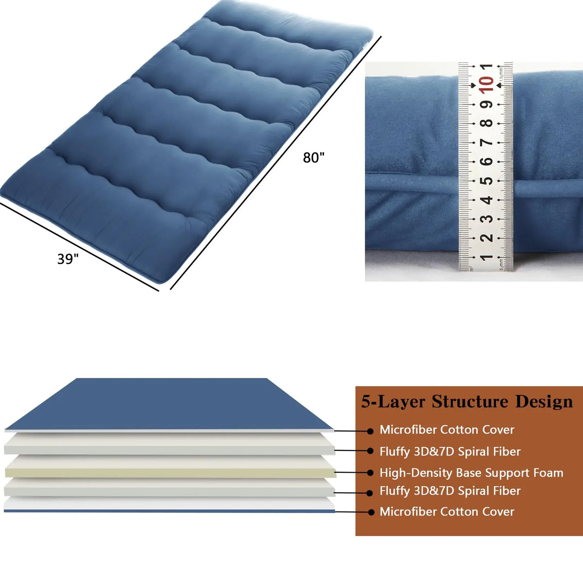GARVEE Japanese Futon Mattress Twin Size, Tatami Floor Mat, Roll-Up Camping Mattress Pad in Wave Navy - Comfortable and Portable Sleeping Solution for Versatile Use