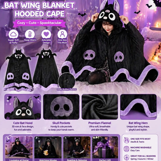 Bat-Themed Cozy Hooded Wearable Blanket with Wings, Cute Cartoon Animal Design, Animal Blankets, Soft for Sofa & Bed, Fall/Winter Season