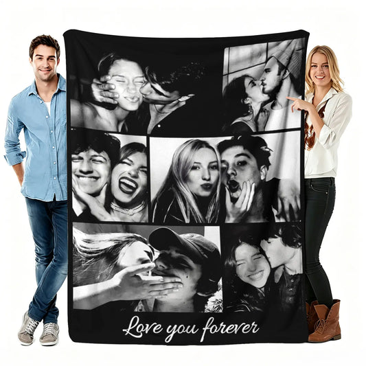 Custom 6-Photo Black and White Flannel Collage Blanket - Personalized Couple-Themed Throw with "Love You Forever" Text, Modern Romance Soft Cozy Couch Blanket, Cute Gifts for BF, GF Gift for Boyfriend, sohochic