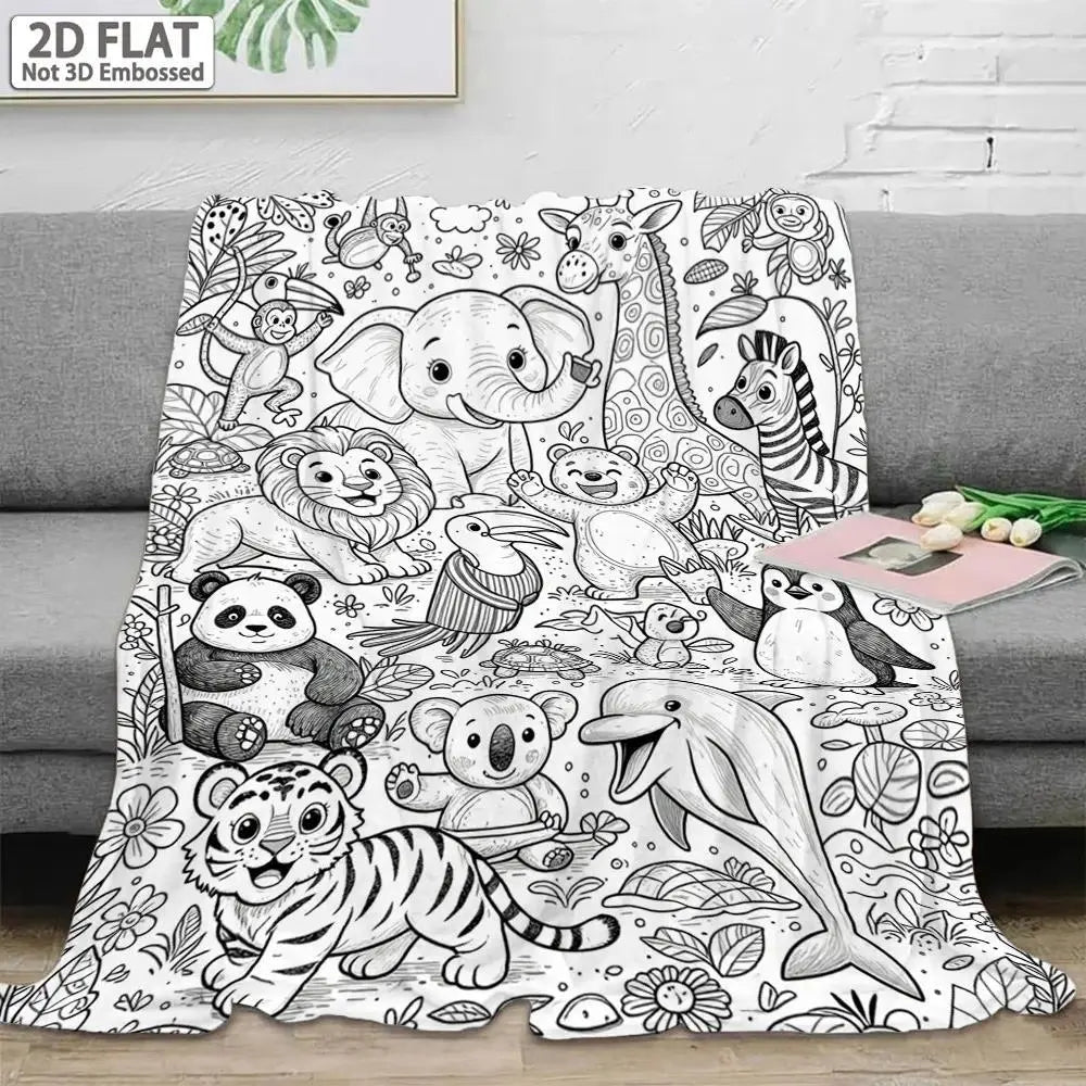 （No markers included）Flannel Throw Blanket with 2D Flat Jungle-Ocean Animal Line Art - Wrinkle Resistant, Anti-Pill, Fluffy, Machine-Washable All-Season Accent Blanket for Sofa, Nap, Child Gift, Throw Blankets, Flannel Fabric