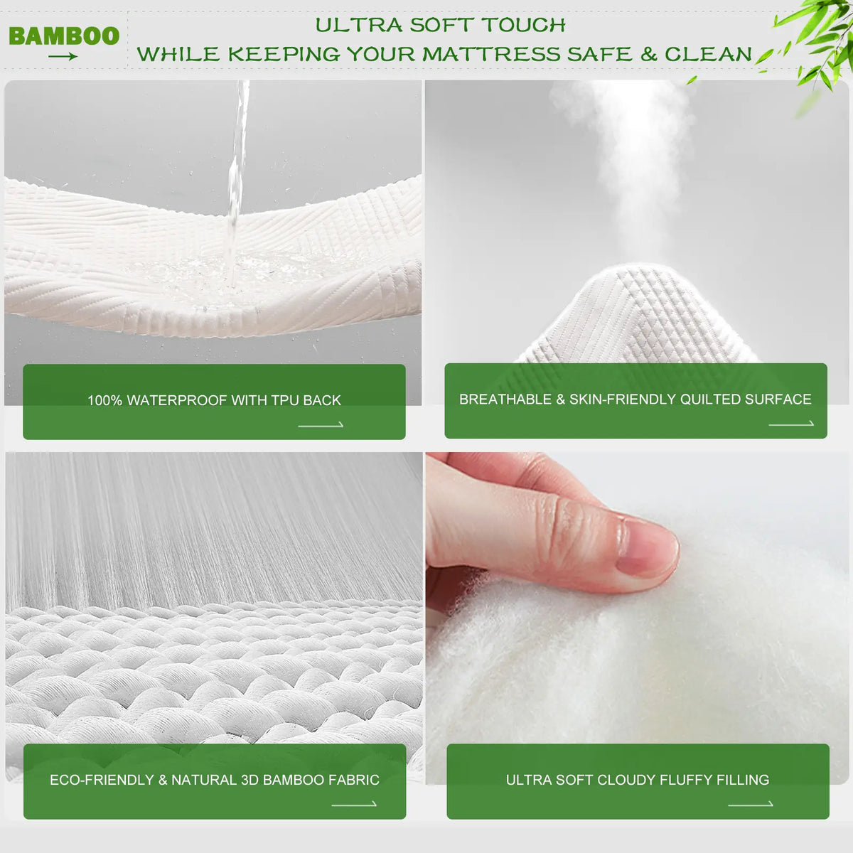 GRT Bamboo Mattress Topper with Fitted Sheet - Cooling Mattress Protector, 3D Air Fiber Breathable, Ultra Soft Silent, 8"-26" Deep Pocket Fit, No Iron, Full Size Bed, Ideal for Allergy Sufferers, Kids