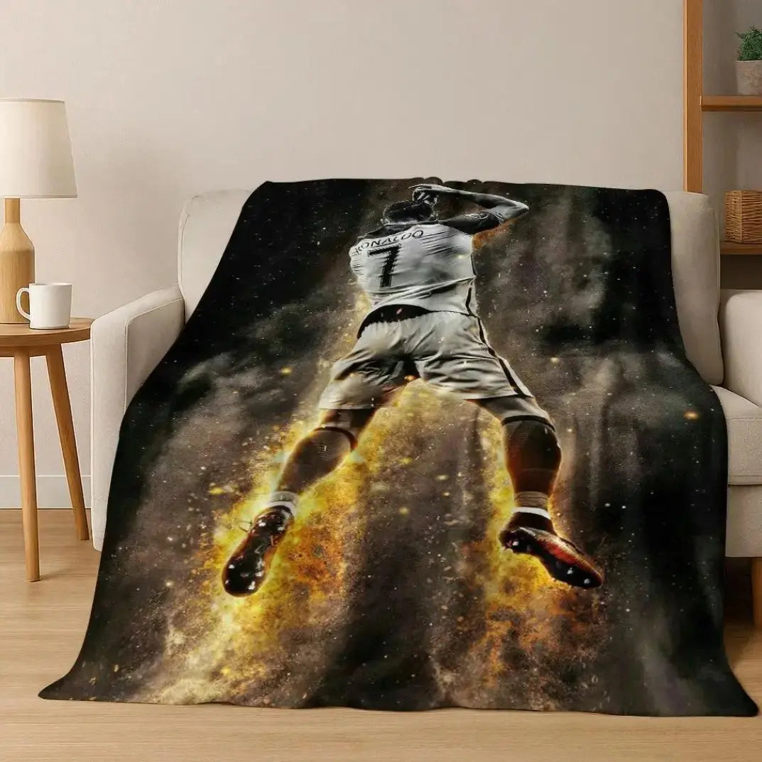 3D GOAT Ronaldo Cartoon Flannel Blanket - Polyester Fiber Throw, Cozy Warm Fluffy Soft Durable Fleece Blanket for Adults, Home & Travel Use on Sofa Bed Birthday Christmas Gift