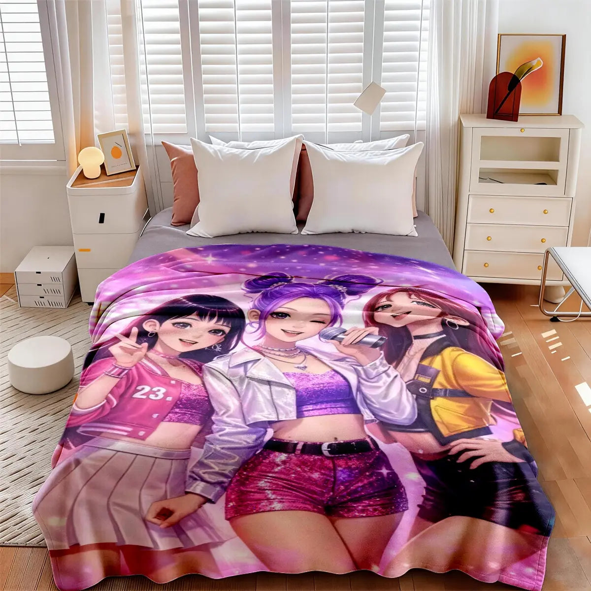 K-Pop Girl Group Illustration Flannel Blanket, Soft Blanket Throw, Large Size, Soft and Lightweight, Perfect for All Seasons, Ideal for Bed, Sofa, Office, Camping, Travel
