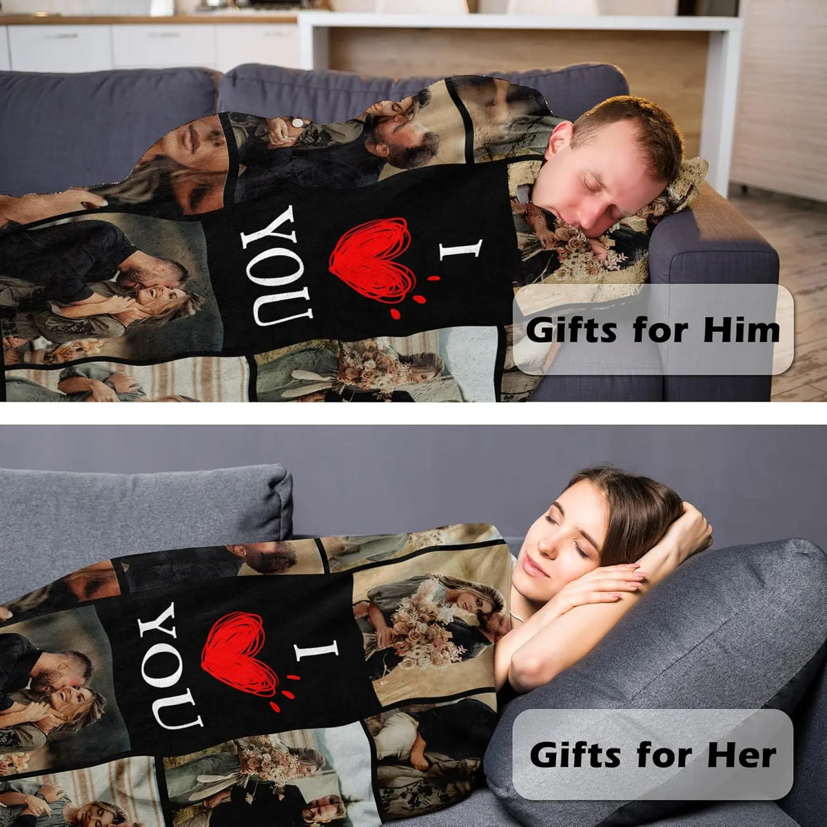 Personalized I Heart You 8 Picture Flannel Throw Blanket, Custom Couple Love Photo Soft Cover, Cozy Warm Romantic Gift for Girlfriend Boyfriend Her Him, Valentine Anniversary Home Decor for Couch Sofa Bed, Summer AC Nap Blanket, Memory Keepsake