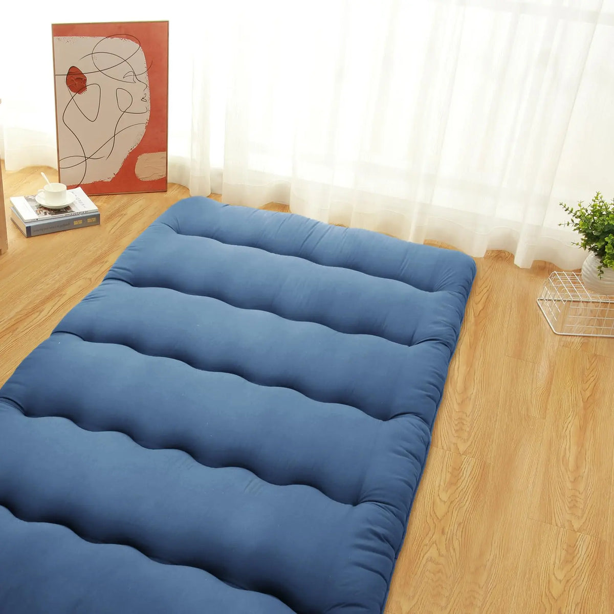 GARVEE Japanese Futon Mattress Twin Size, Tatami Floor Mat, Roll-Up Camping Mattress Pad in Wave Navy - Comfortable and Portable Sleeping Solution for Versatile Use