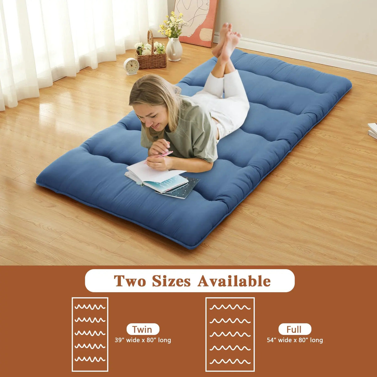 GARVEE Japanese Futon Mattress Twin Size, Tatami Floor Mat, Roll-Up Camping Mattress Pad in Wave Navy - Comfortable and Portable Sleeping Solution for Versatile Use