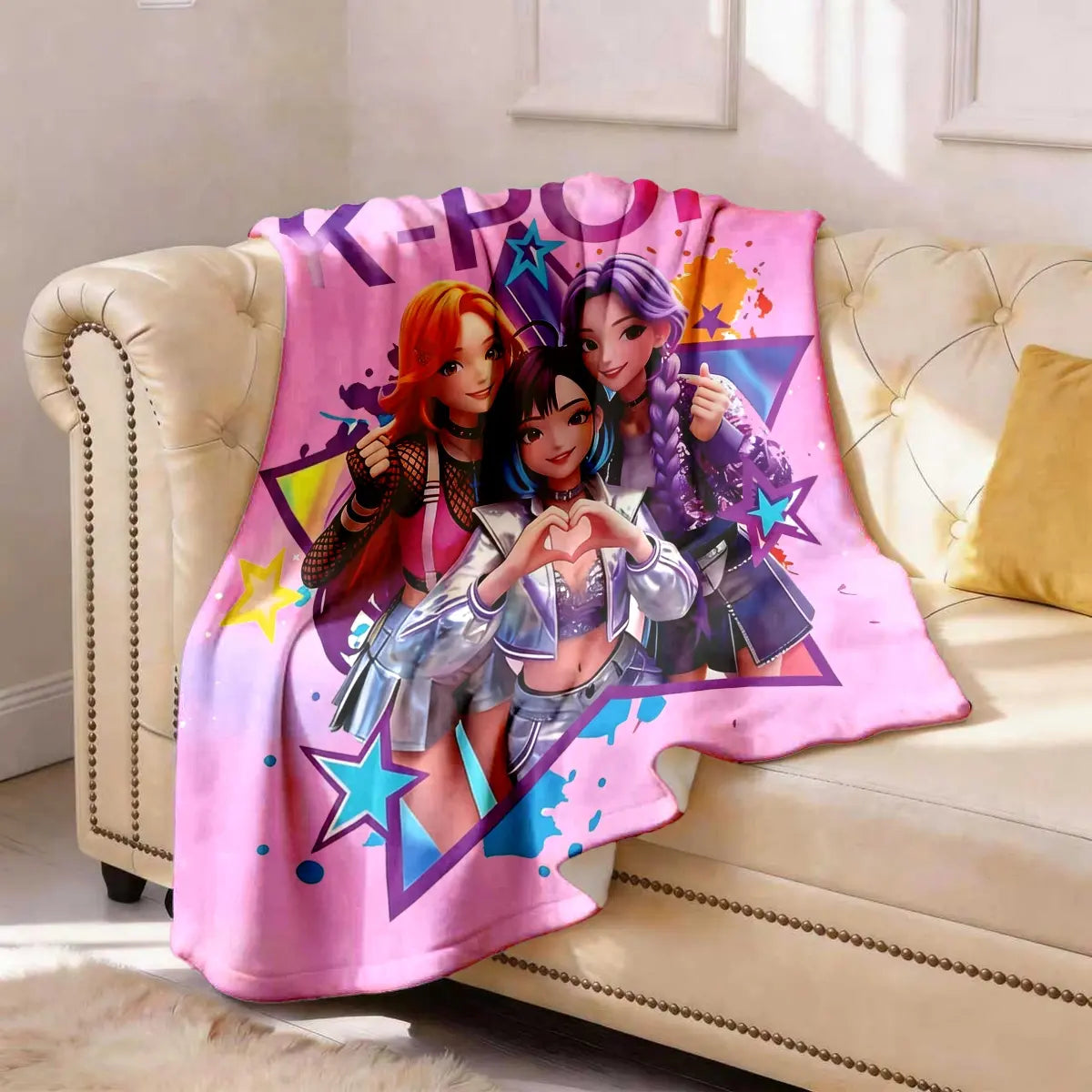 K-Pop Girl Group Illustration Flannel Blanket, Soft Blanket Throw, Large Size, Soft and Lightweight, Perfect for All Seasons, Ideal for Bed, Sofa, Office, Camping, Travel