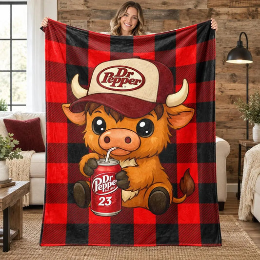 Highland Cow in Hat Cute Pattern Dr Pepper Flannel Throw Blanket - Red and Black Checkerboard Pattern Blanket, 1 Count Soft Lightweight Warming Bedding, Machine Washable for Easy Upkeep,sohochic