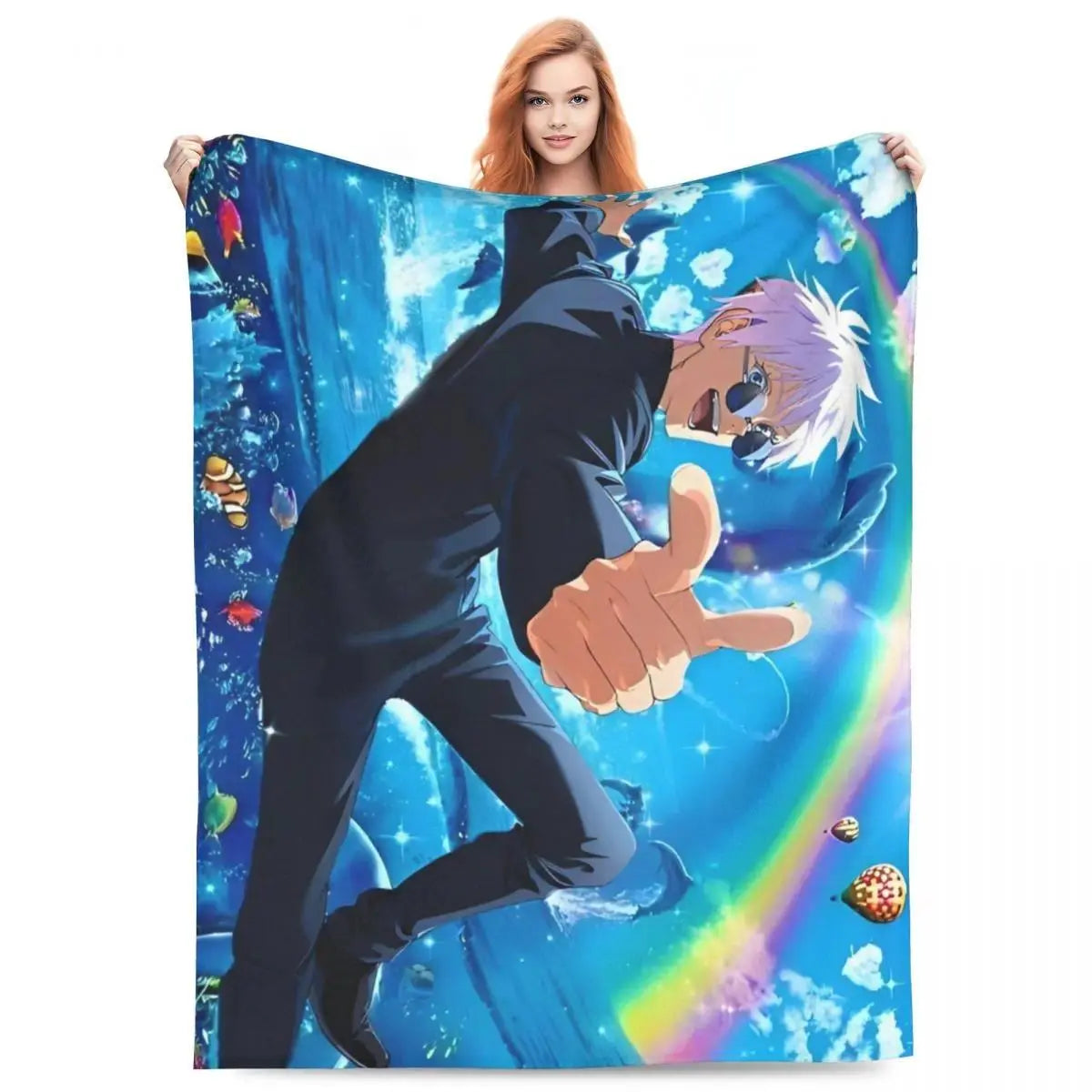 Gojo Satoru Jujutsu Kaisen Flannel Throw Blanket - Wrinkle Resistant, Soft Warm Bedding, Sofa Blankets, Living Room Home Decor Items (Sizes: 30×40in, 40×50in, 50×60in, 60×80in) Sohochic