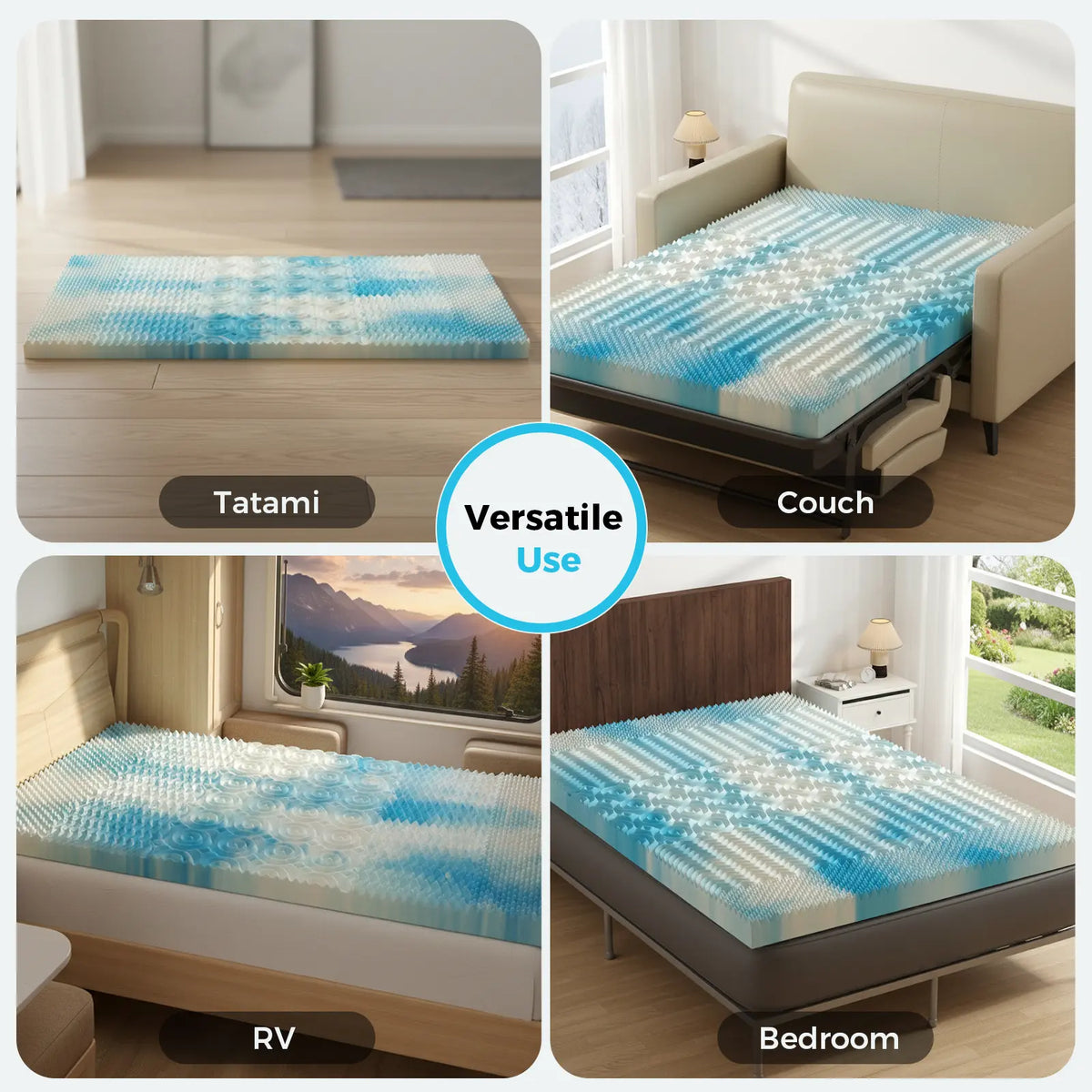 Sweetcrispy Zoned Supportive Full Size Gel-Infused 5-Zone Cooling Memory Foam Mattress Topper, CertiPUR US Certified, Ventilated, Pain Relief, Compatible for RV Sleeper Sofa & Camper