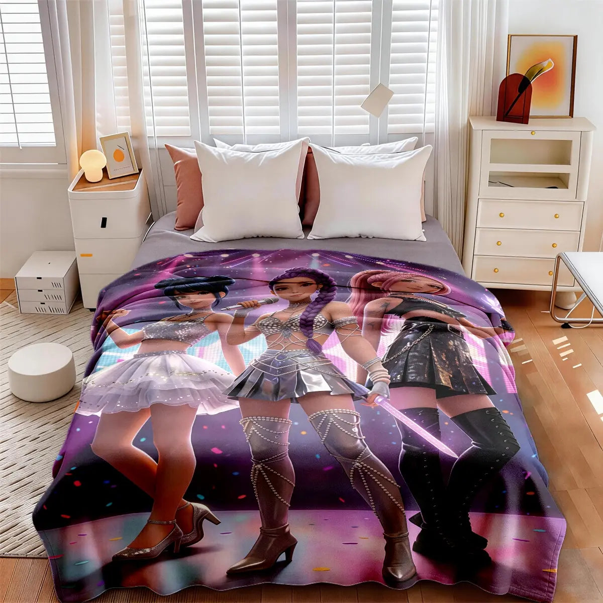 K-Pop Girl Group Illustration Flannel Blanket, Soft Blanket Throw, Large Size, Soft and Lightweight, Perfect for All Seasons, Ideal for Bed, Sofa, Office, Camping, Travel