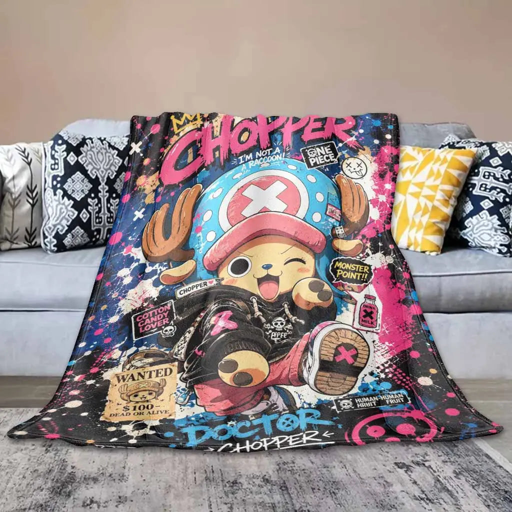 Chopper Flannel Blanket Cartoon Street Art Print Soft Cozy Warm Durable Lightweight for Bedroom Sofa Office Anime Fan Gift Home Decor,back to school,back to school shopping,sohochic