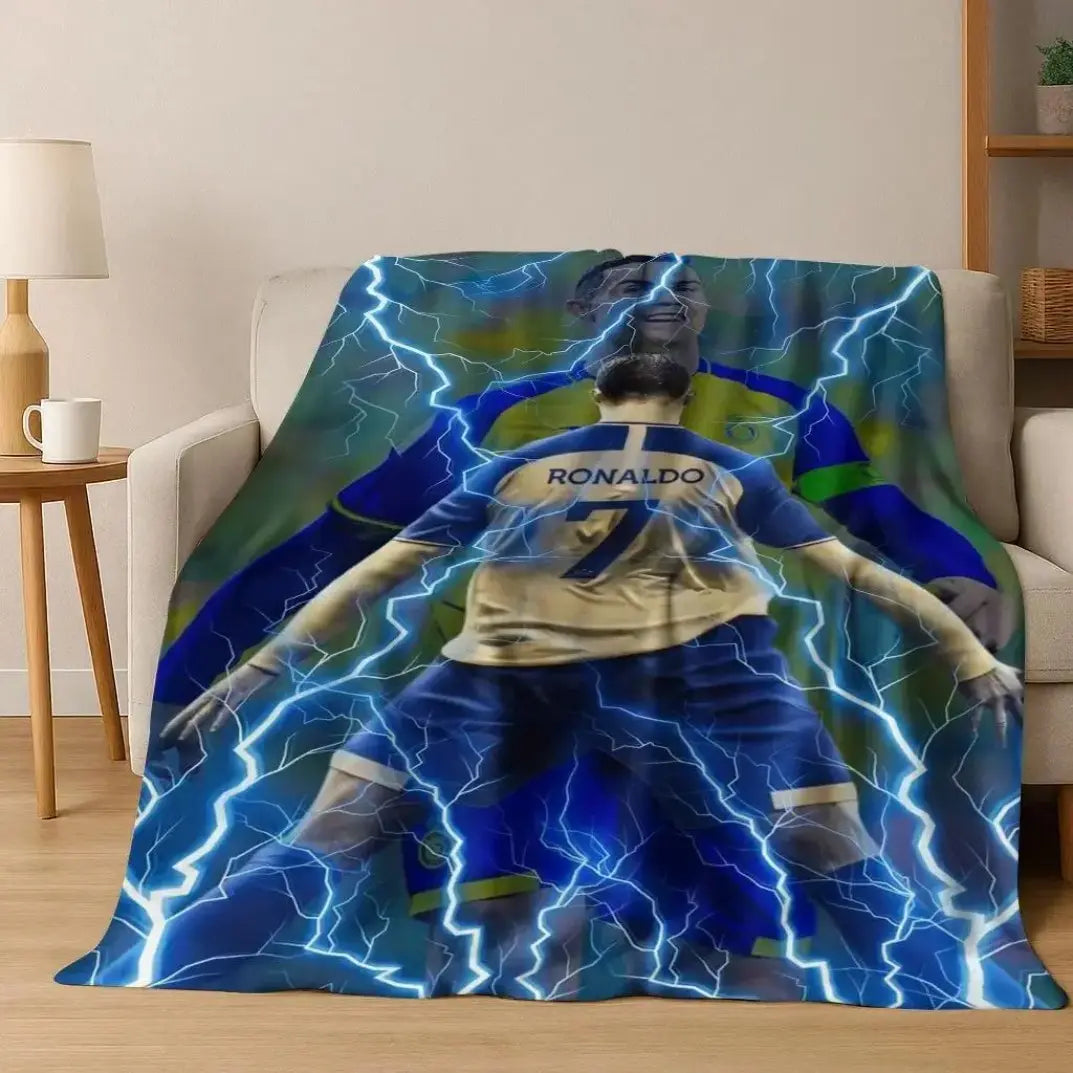 3D GOAT Ronaldo Cartoon Flannel Blanket - Polyester Fiber Throw, Cozy Warm Fluffy Soft Durable Fleece Blanket for Adults, Home & Travel Use on Sofa Bed Birthday Christmas Gift
