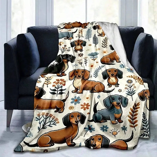 Super Soft Cute Dachshund Print 3D Flannel Throw Blanket - Polyester Fabric, Cozy Setup Essential, Blankets for Bed, Ideal Wedding Gift, All-Season, Washable, Lightweight, Breathable, Comfortable, Warm, Unique