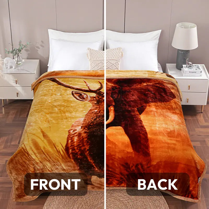 Queen Size Soft 2-Ply 520 GSM Reversible Plush Fleece Blanket, Floral Peony Motif Print, Modern Warm Bedding for Bed/Sofa, Hand Wash Only