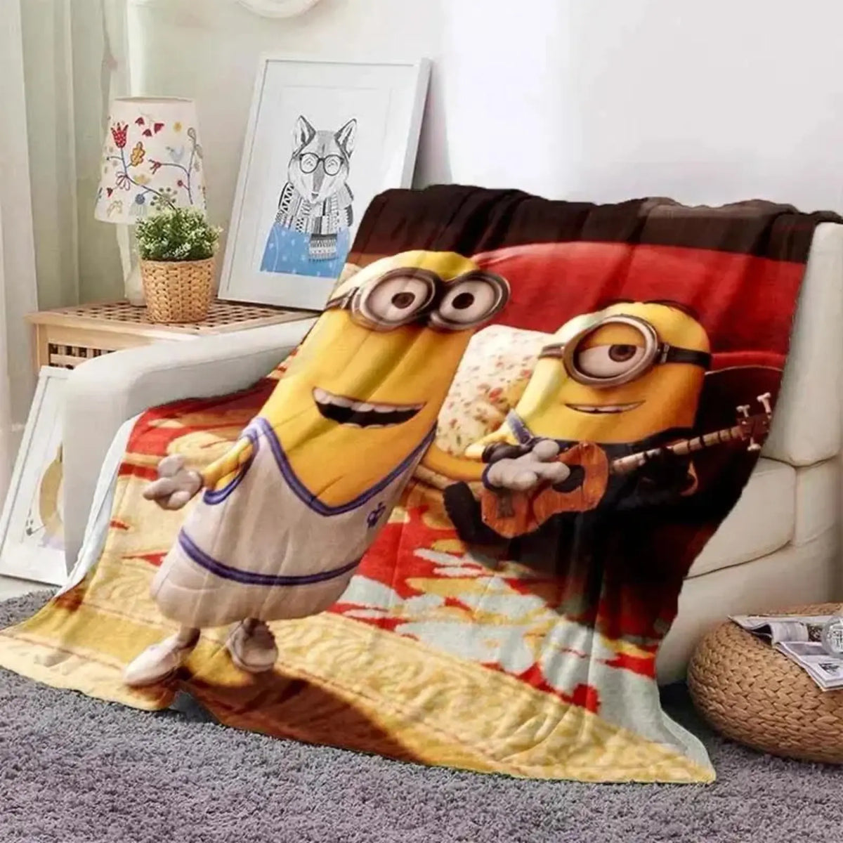Cute Minions Printed Flannel Blanket 6 Sizes Soft Cozy Lightweight AC Throw Blanket Kids Adults Sofa Bed Bedroom Living Room Outdoor Travel Cartoon Bedding Movie Night Home Decor Gift Halloween Christmas Birthday Viral Blanket