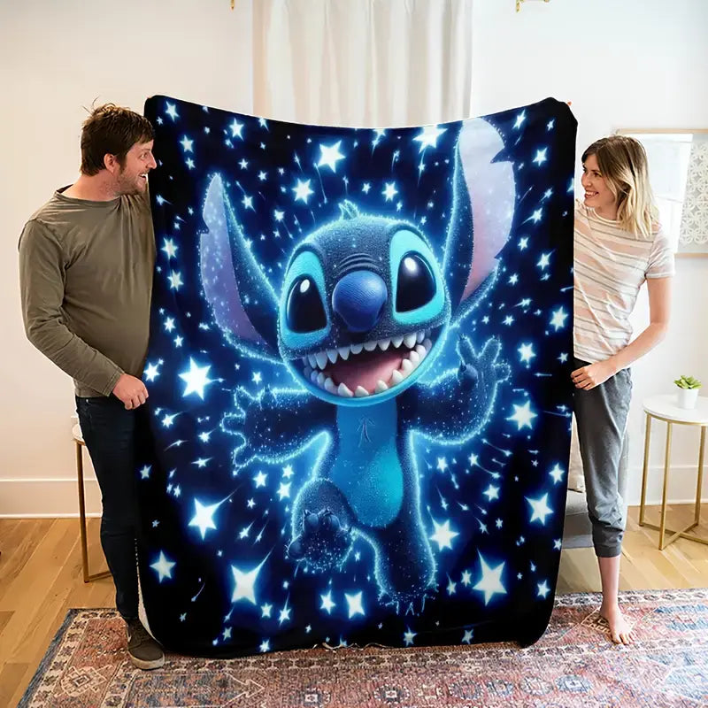 [SummerVibes] DISNEY CLASSIC Stitch Black Flannel Blanket with Blue Stars - Soft Warm Cozy Throw for Bed, Sofa, Office & Camping