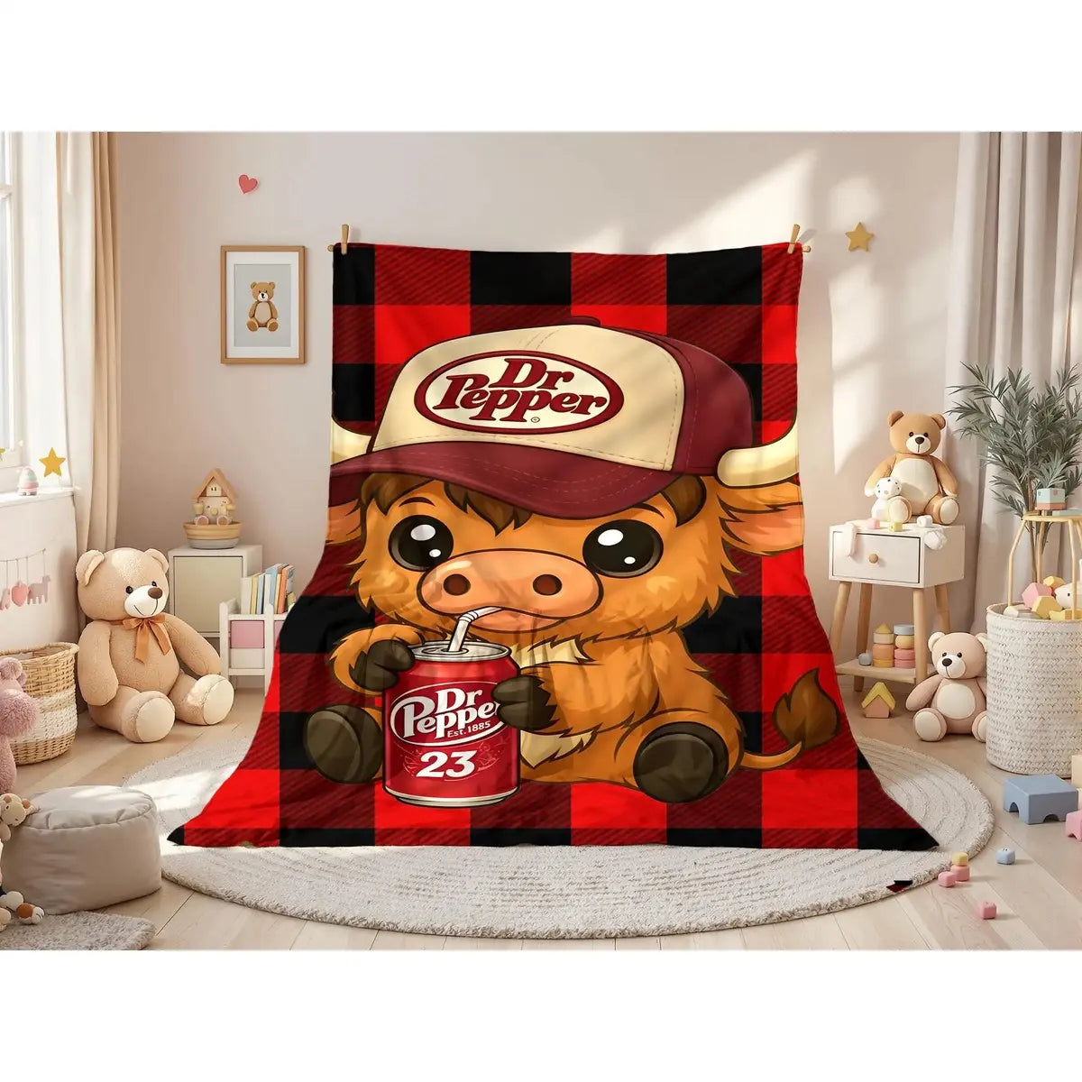 Highland Cow in Hat Cute Pattern Dr Pepper Flannel Throw Blanket - Red and Black Checkerboard Pattern Blanket, 1 Count Soft Lightweight Warming Bedding, Machine Washable for Easy Upkeep,sohochic