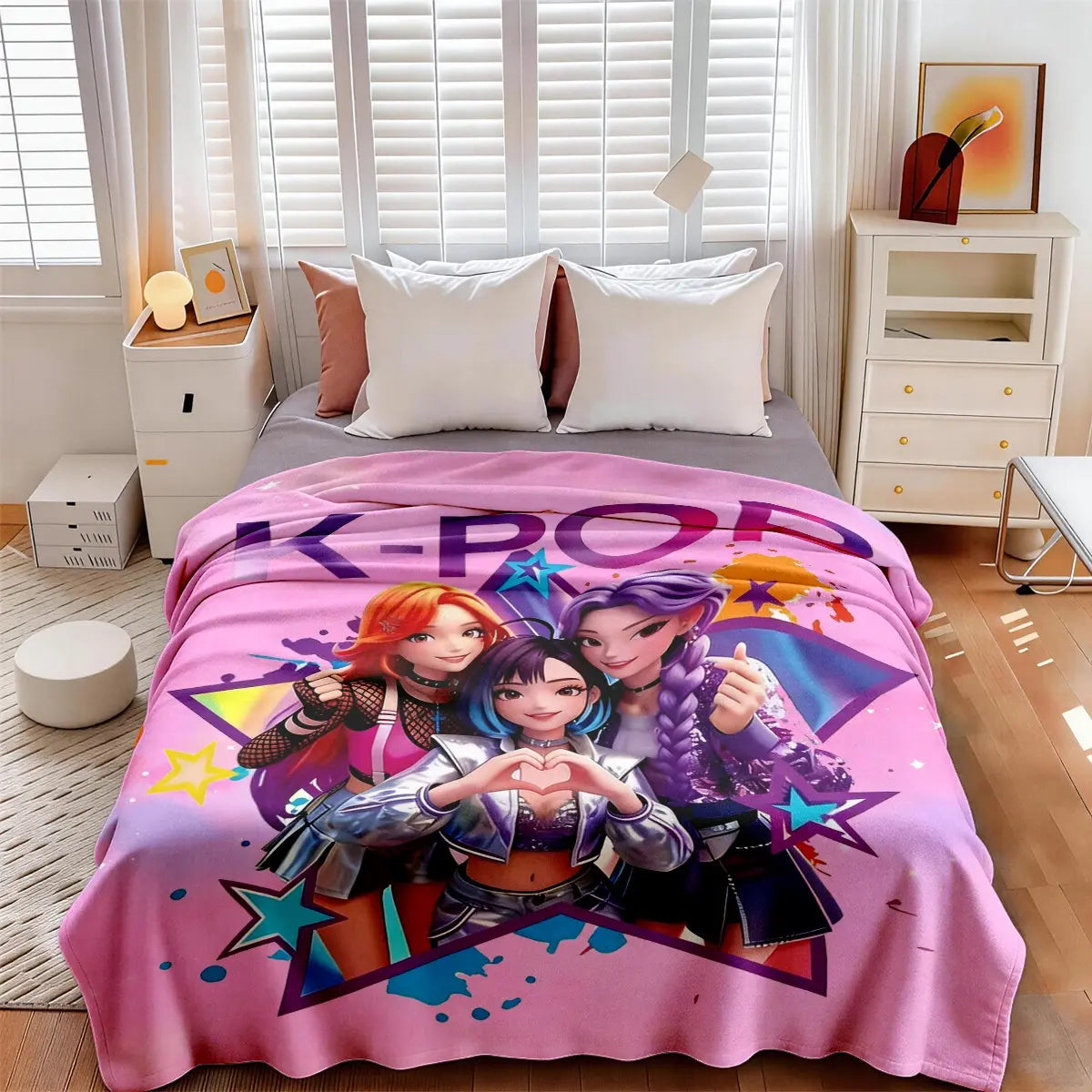 K-Pop Girl Group Illustration Flannel Blanket, Soft Blanket Throw, Large Size, Soft and Lightweight, Perfect for All Seasons, Ideal for Bed, Sofa, Office, Camping, Travel