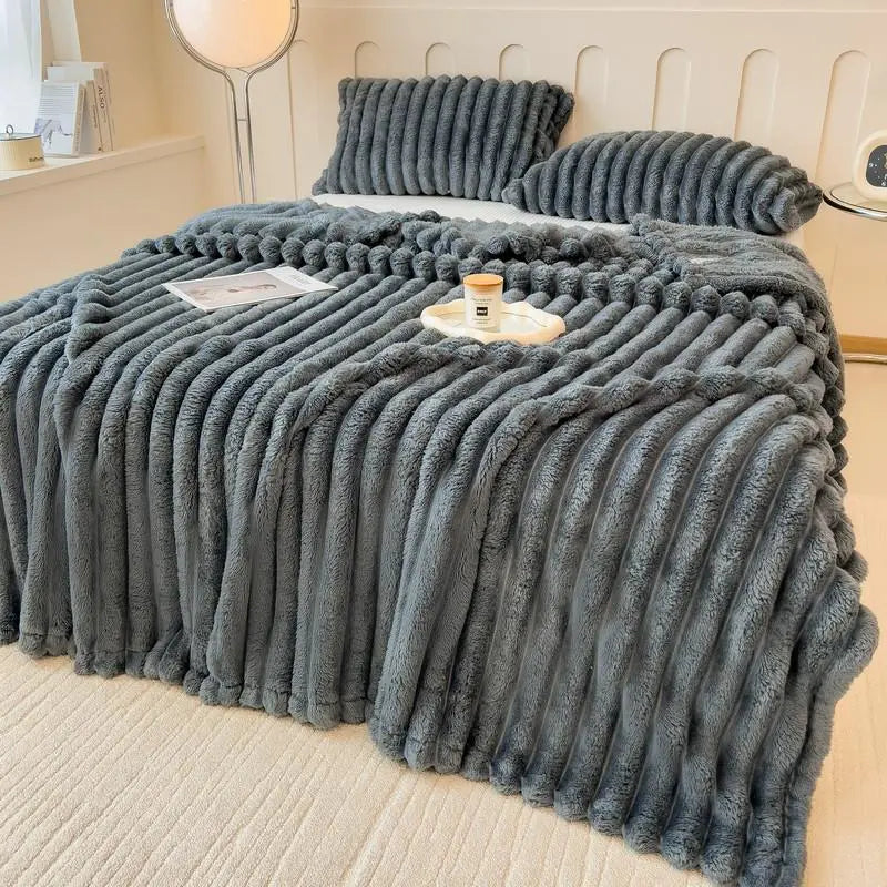 Luxurious Faux Rabbit Fur Striped Blanket - Ultra Soft 2m x 2.3m Flannel Throw for Soft Girl Bedroom - Warm Sensorial Immersion Blanket for All-Season Home Decor - High-Texture Cozy Nap Blanket for Couch & Travel #SoftGirl #CozyVibes #HomeFinds