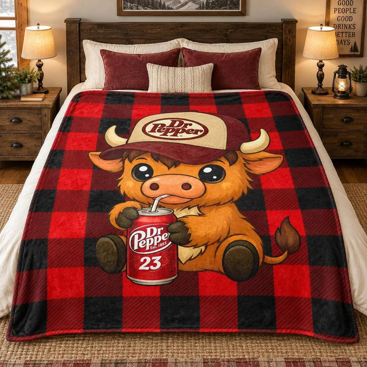 Highland Cow in Hat Cute Pattern Dr Pepper Flannel Throw Blanket - Red and Black Checkerboard Pattern Blanket, 1 Count Soft Lightweight Warming Bedding, Machine Washable for Easy Upkeep,sohochic