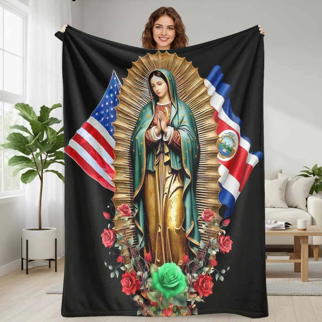 Virgin Mary Flannel Throw Blanket - American Patriotic USA-Mexico Flag Floral Print, Soft Warm Lightweight Wrinkle Resistant Flannel Fabric, Fits Sofas Beds and Cars, Ideal for Room Decor Cozy Setup & Gifting,sohochic