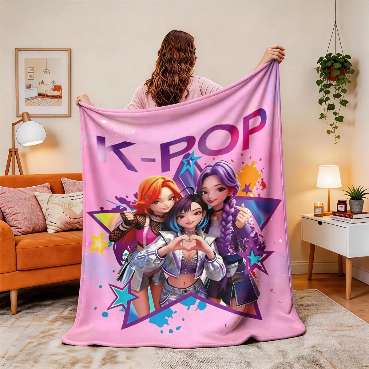 K-Pop Girl Group Illustration Flannel Blanket, Soft Blanket Throw, Large Size, Soft and Lightweight, Perfect for All Seasons, Ideal for Bed, Sofa, Office, Camping, Travel