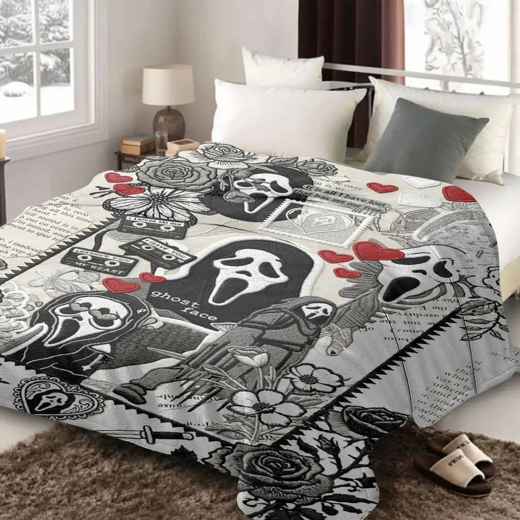 Ghost Face Roses Floral Cassette Embroidery Flannel Blanket - Soft, Warm, Lightweight, Wrinkle Resistant, Art Print Throw with Floral Accents & Face Print Option, Bedroom Decor, Halloween Decorations, House Decor Gift,sohochic
