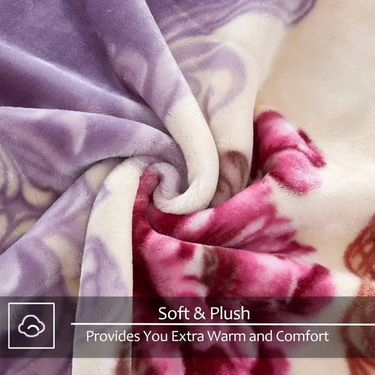 Queen Size Soft 2-Ply 520 GSM Reversible Plush Fleece Blanket, Floral Peony Motif Print, Modern Warm Bedding for Bed/Sofa, Hand Wash Only