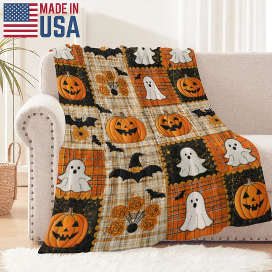 Plaid Print Halloween Blanket, 2D Flat Print 1-Piece Wrinkle-Resistant Lightweight Soft Warm Plush Throw, Pumpkin Ghost Bat Design, Fall Farmhouse Decor for Bed Couch Porch & Party, Giftable Home Blanket,sohochic