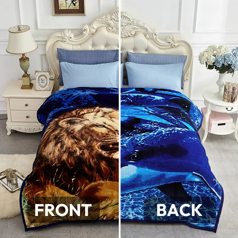 Queen Size Soft 2-Ply 520 GSM Reversible Plush Fleece Blanket, Floral Peony Motif Print, Modern Warm Bedding for Bed/Sofa, Hand Wash Only