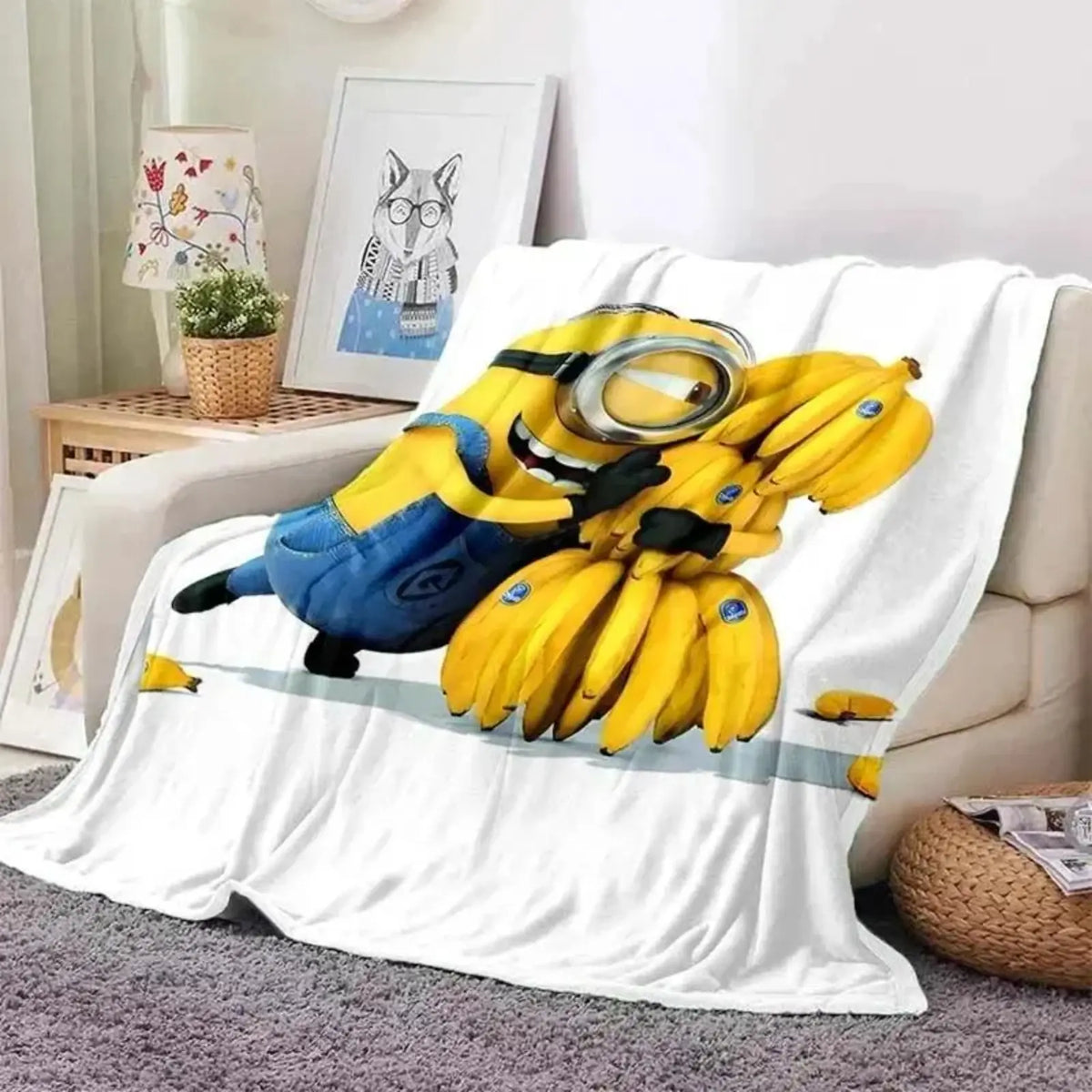 Cute Minions Printed Flannel Blanket 6 Sizes Soft Cozy Lightweight AC Throw Blanket Kids Adults Sofa Bed Bedroom Living Room Outdoor Travel Cartoon Bedding Movie Night Home Decor Gift Halloween Christmas Birthday Viral Blanket